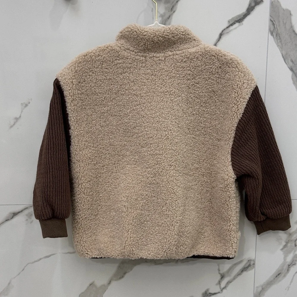 Cozy Kids Sherpa Jacket with Brown Knit Sleeves